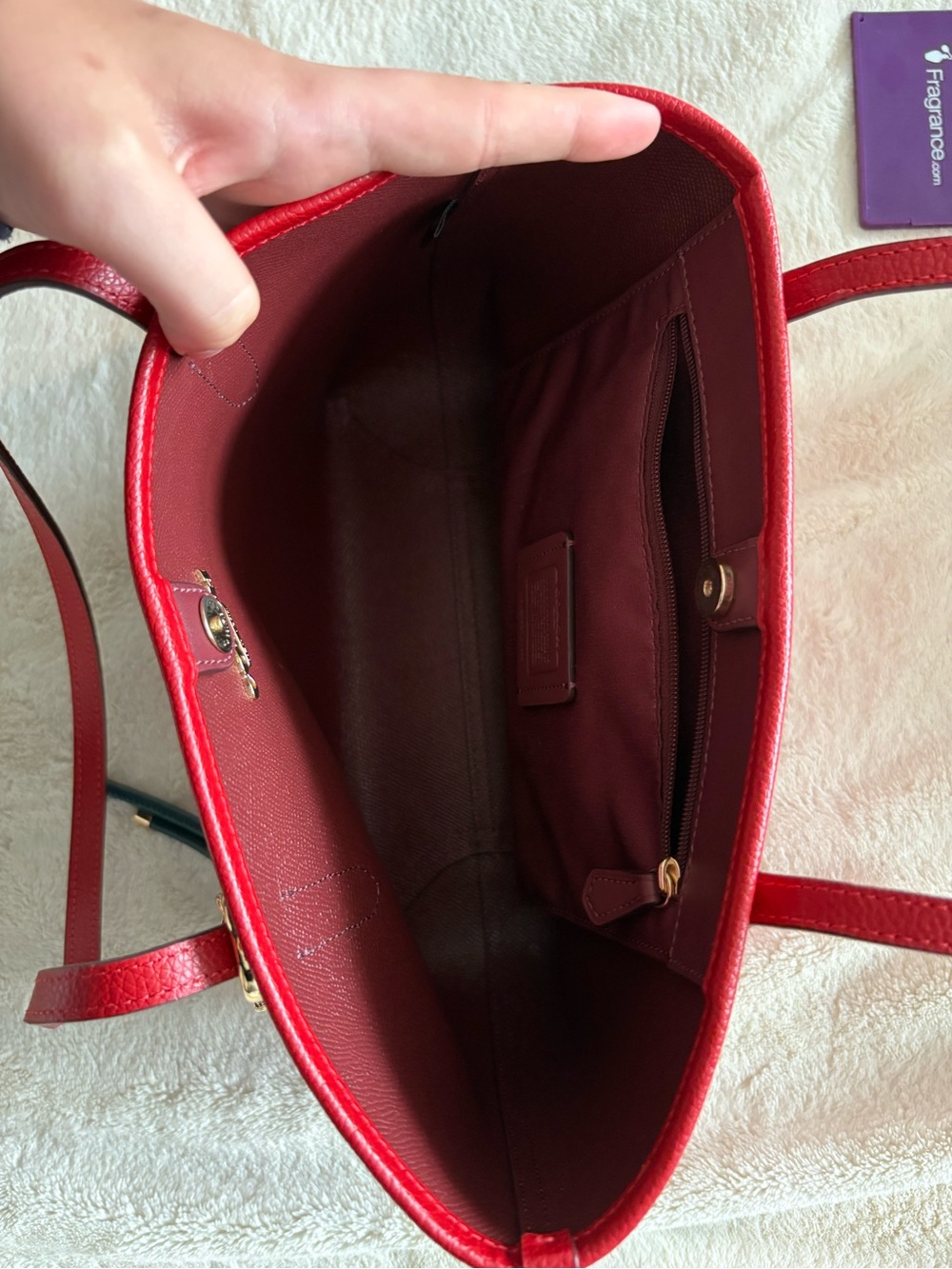 Coach Small City Tote. Red Leather Tote with Green Charm Accent - Picture 2 of 2